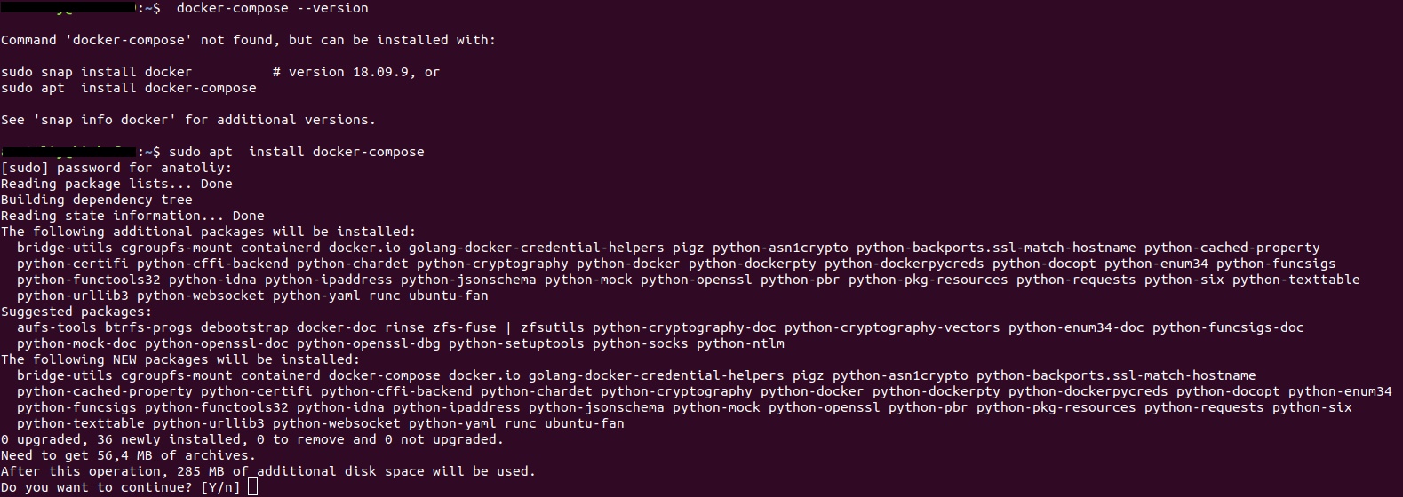 Ubuntu 18.04 install docker-compose